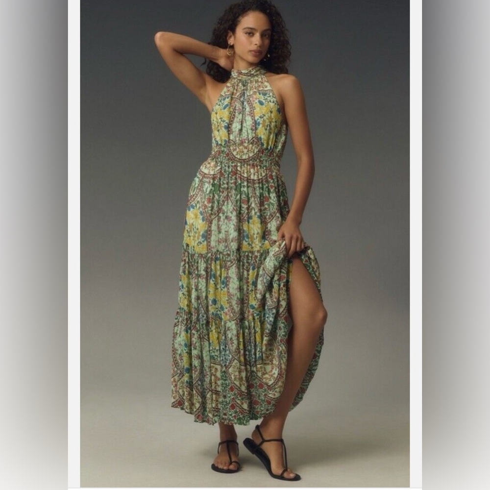 Anthropologie Floral Halter Maxi Dress in Mint, Yellow, Blue - Picture 2 of 8